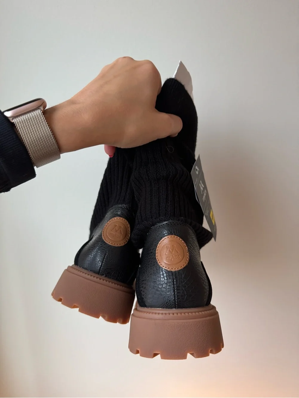 Black Suede Knit Ankle Boots with Brown Lug Sole